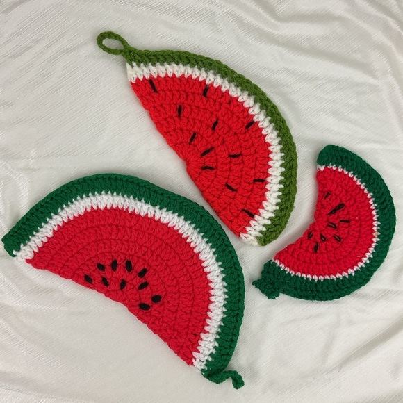 Vintage set 3 handmade knit watermelon hotpads - Picture 2 of 6